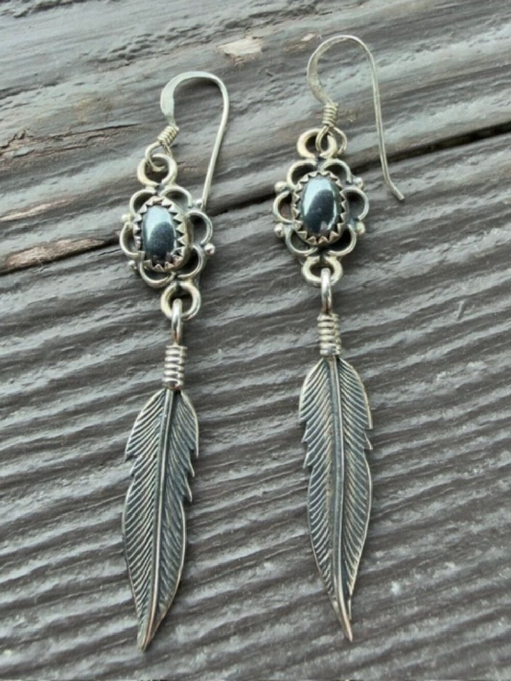 VINTAGE Native American Sterling Silver Shadowbox Feather Earrings Signed AJ